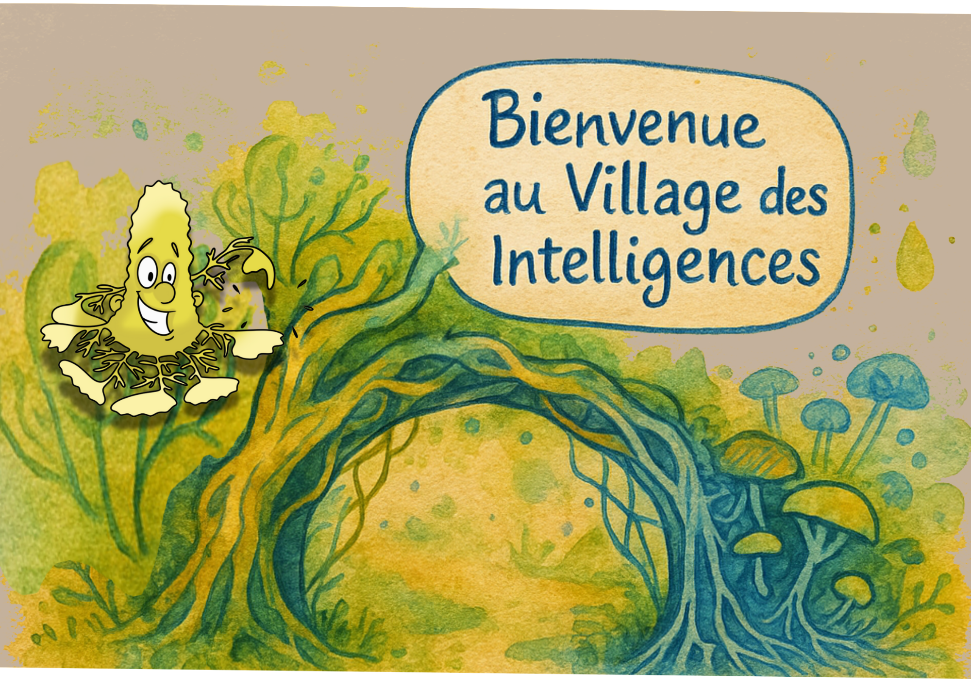 Illustration d’un porche d’entrée végétal peint à l’aquarelle, formé de racines et de branches entrelacées aux teintes vertes, jaunes et bleues. À droite, des champignons bleus et jaunes émergent d’un sol mycorhizien. En haut à droite, un encart écrit à la main indique « Bienvenue au Village des Intelligences ». À gauche, Myco, un petit personnage jaune en forme de spore avec des yeux expressifs et des racines en guise de bras, sourit et salue le visiteur en sortant du décor végétal. L’ensemble évoque un univers sensible, accueillant et relié au vivant.